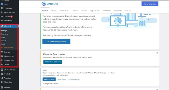 lifterlms wordpress dashboard
