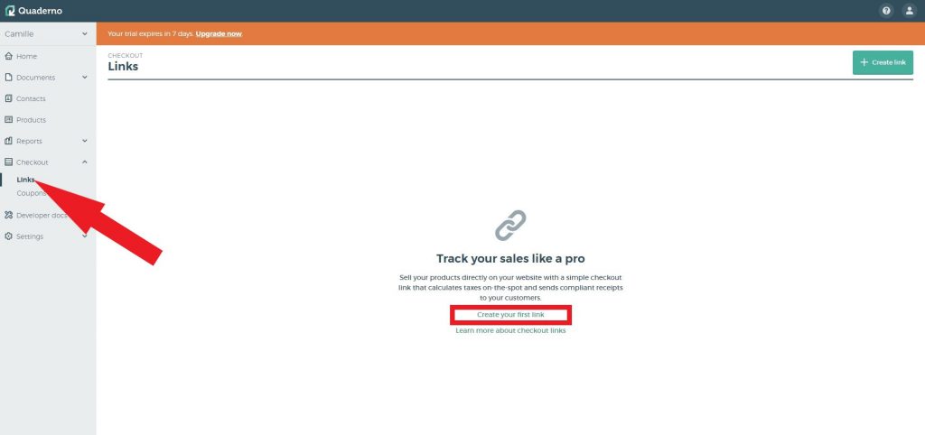 screenshot of Quaderno dashboard with arrow pointing at links at the checkout tab