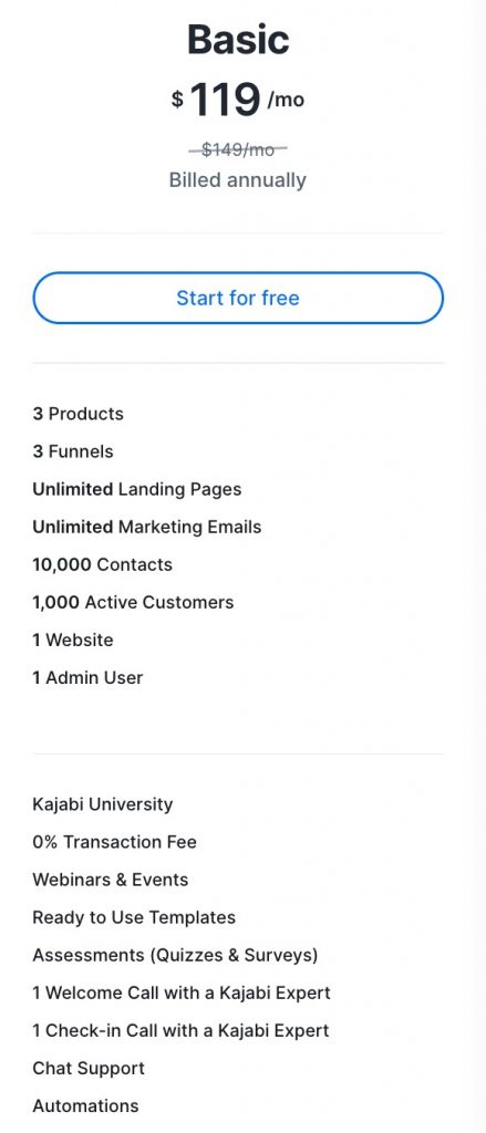 Kajabi Basic Pricing Column