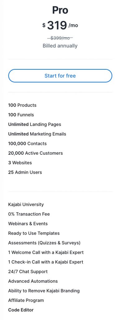 Kajabi Pro Pricing Column